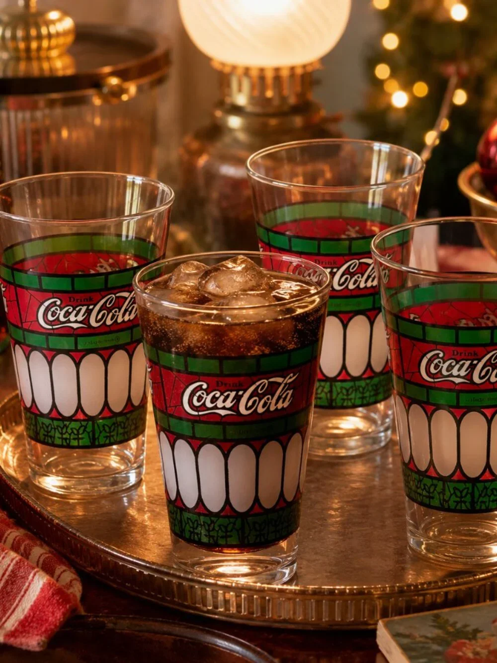 Vintage Coca Cola Tiffany Style Glasses Set of 4 Retro Stained Glass Tumblers